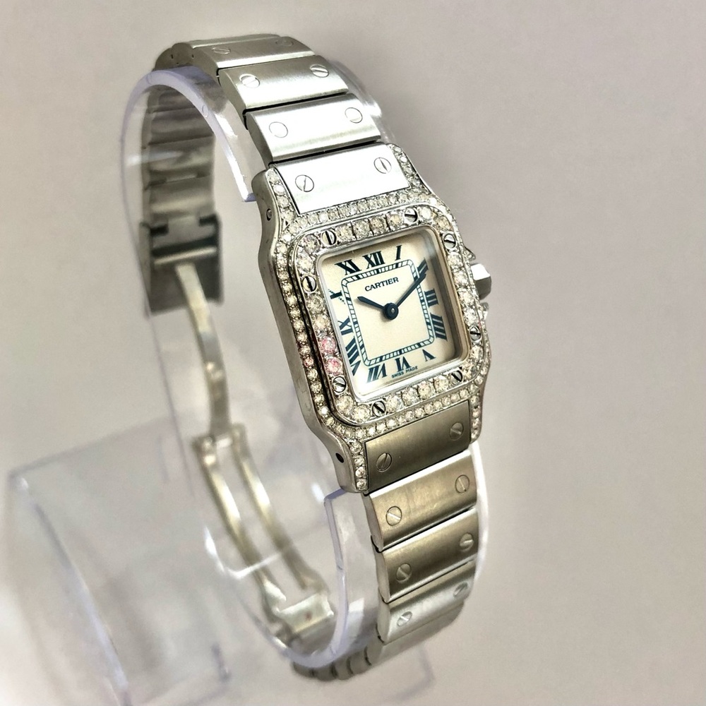 CARTIER SANTOS GALBEE 24mm Quartz Steel 1.09TCW Diamond Watch Blue Numerals - Picture 4 of 7